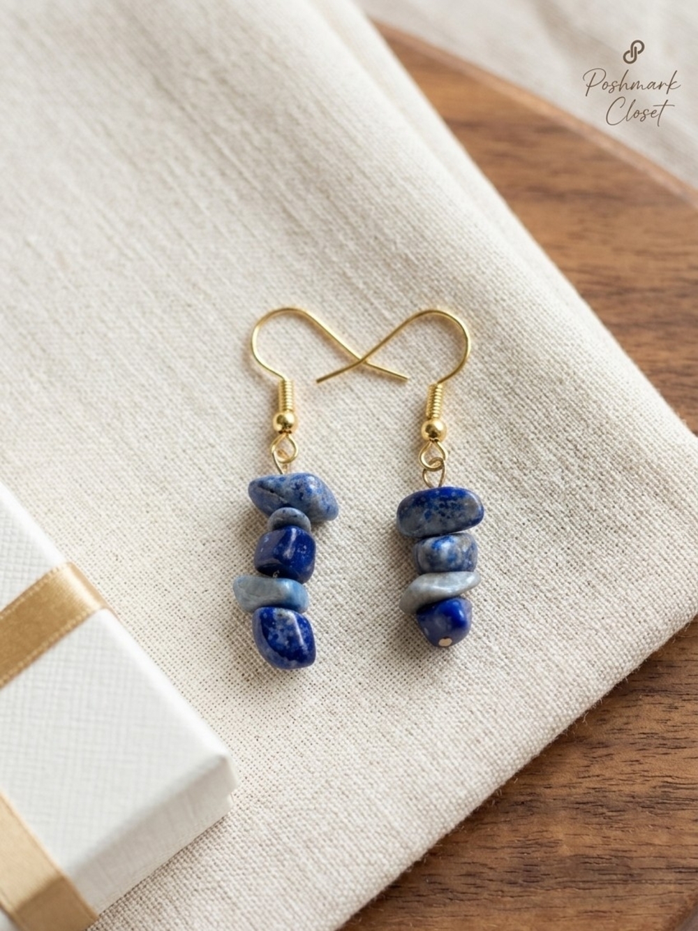 Hand Crafted Gold & Blue Natural Stone Drop Earrings